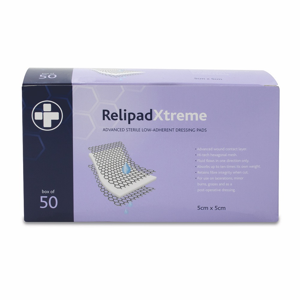 Relipad Xtreme Low-Adherent Dressing Pads, Sterile, 5cm x 5cm, 1 x  Box of 50