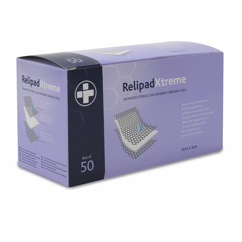 Relipad Xtreme Low-Adherent Dressing Pads, Sterile, 5cm x 5cm, 1 x  Box of 50
