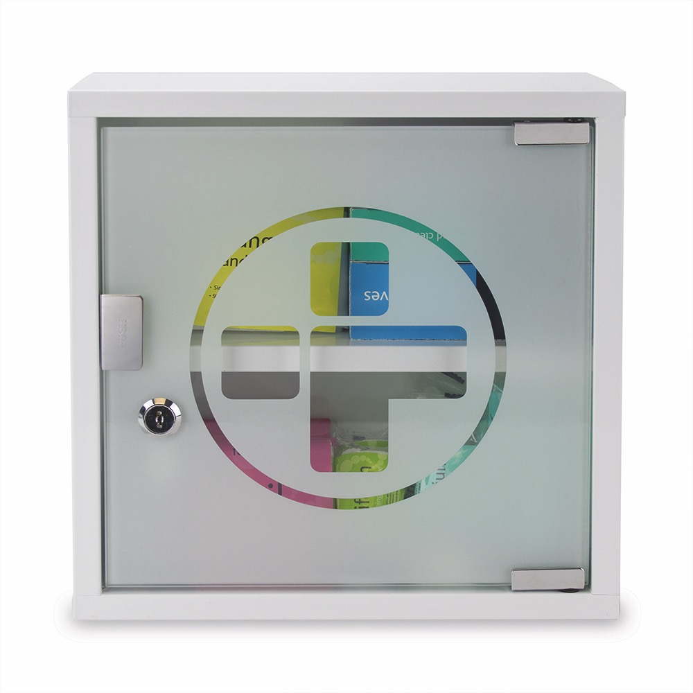 Small Metal Wall Cabinet with Glass Door, White/Glass, 30cmH x 30cmW x 12cmD, 1 x  Single Unit