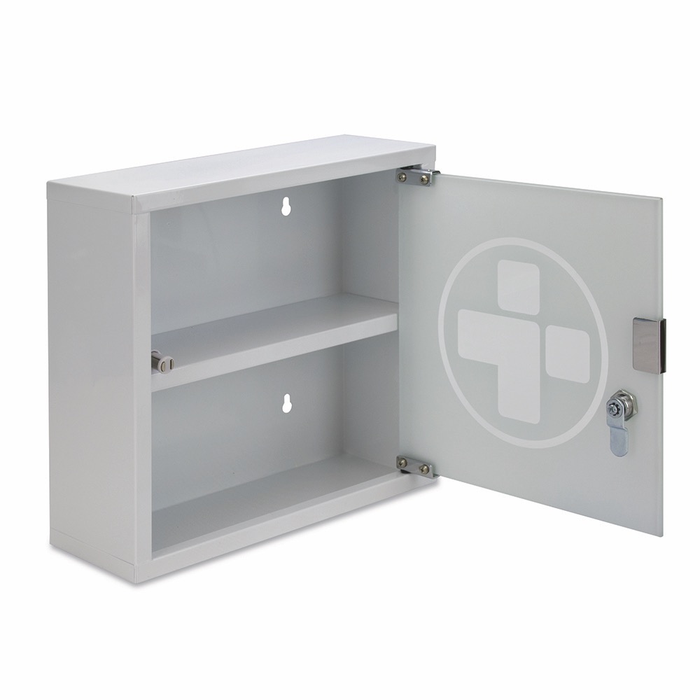 Small Metal Wall Cabinet with Glass Door, White/Glass, 30cmH x 30cmW x 12cmD, 1 x  Single Unit