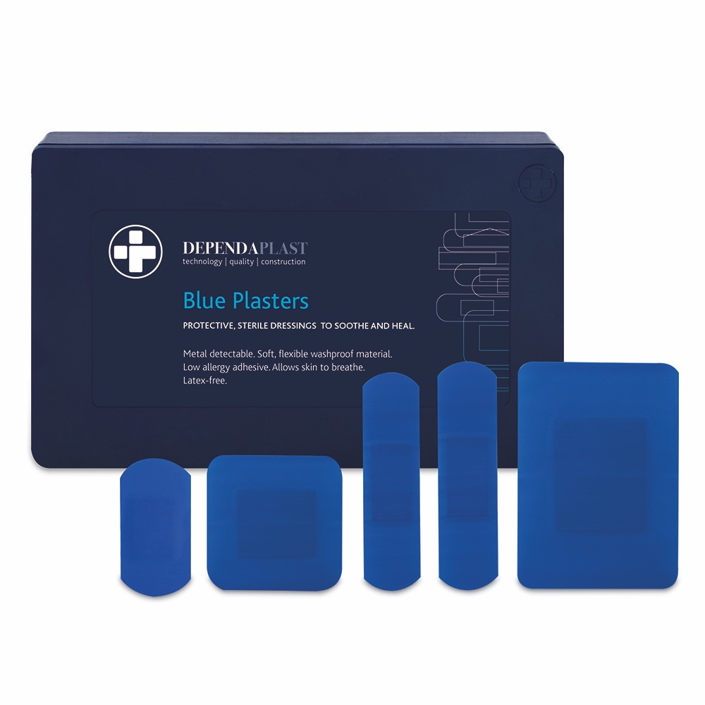 Dependaplast Blue Plasters, in Blue Plastic Box. Assorted, Assorted , 1 x  Box of 120