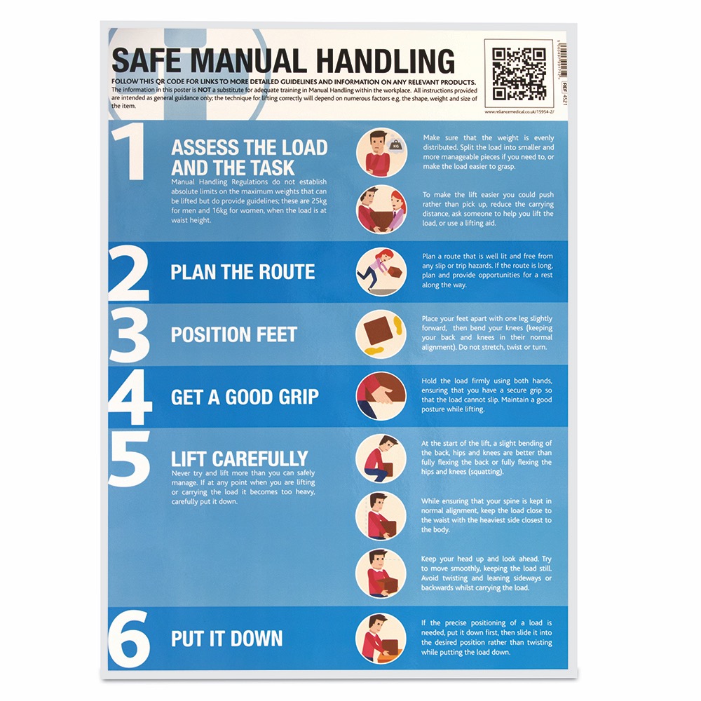 Safe Manual Handling Guidance Poster, Laminated, 420mm x 594mm, 1 x  Pack of 10