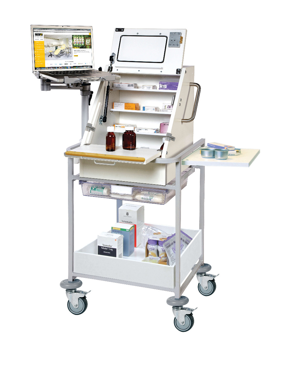 Sunflower ﻿﻿﻿Small EPMA Ward Drug Trolley with Laptop Arm & Bracket, Tray and Bottom Shelf