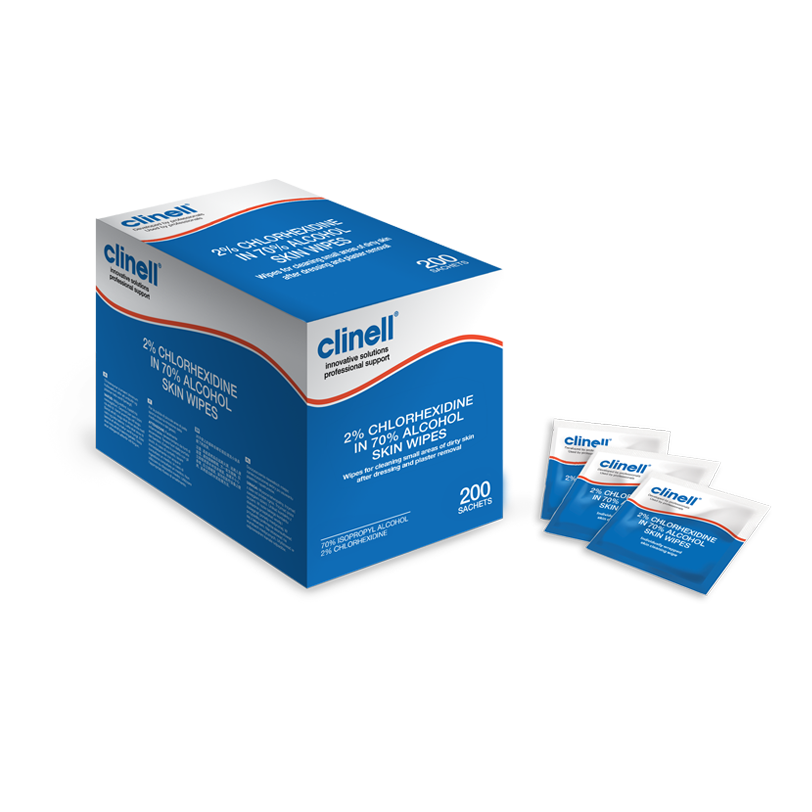 Clinell 2% Chlorhexidine in 70% Alcohol Sachets Skin Wipes (Box of 200 Sachets)